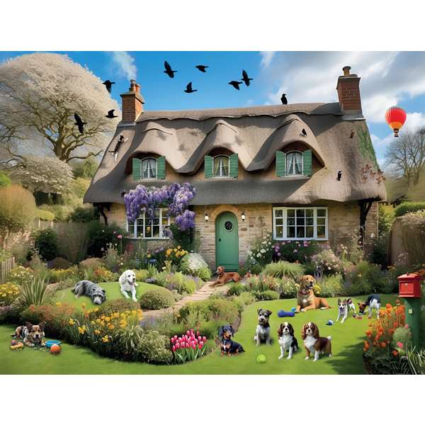 DOGS IN A SPRING COTTAGE GARDEN
